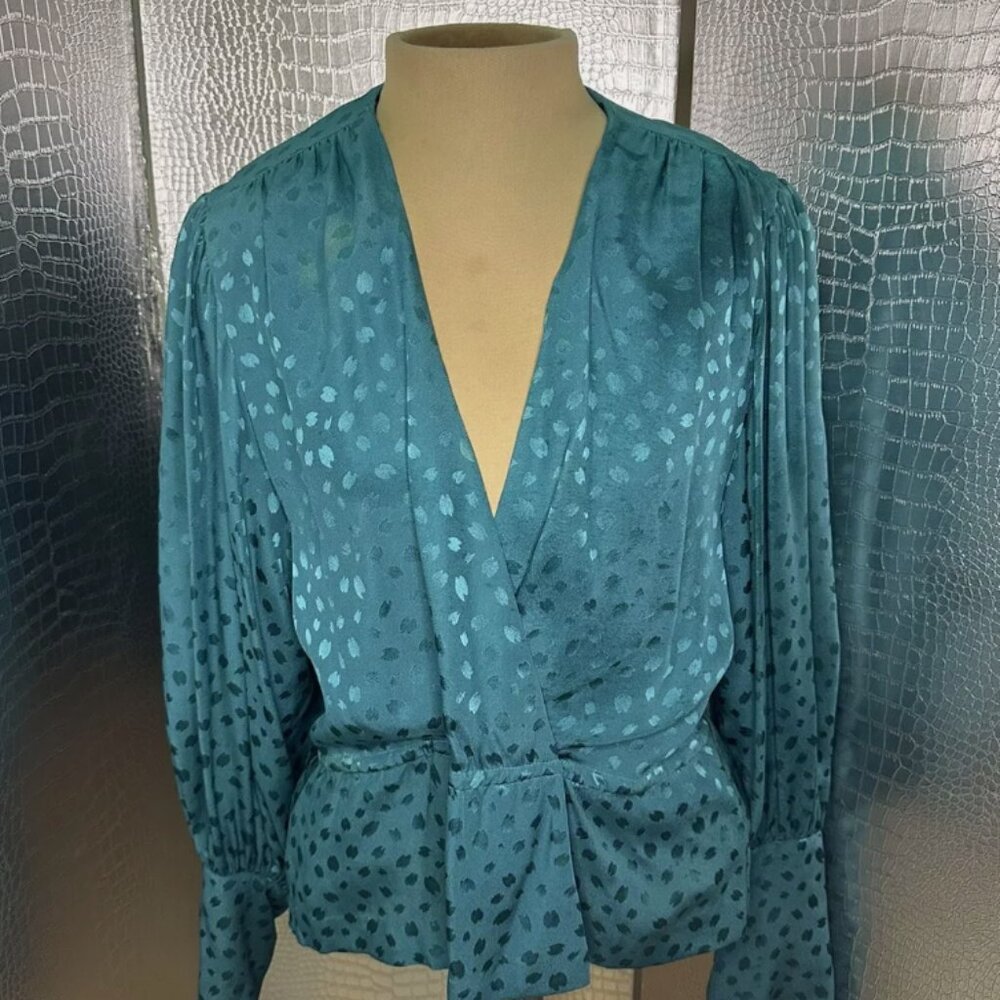 Vintage 80s Turquoise Polka Dot Blouse With Unique Sleeve Buttons - Size S/M
